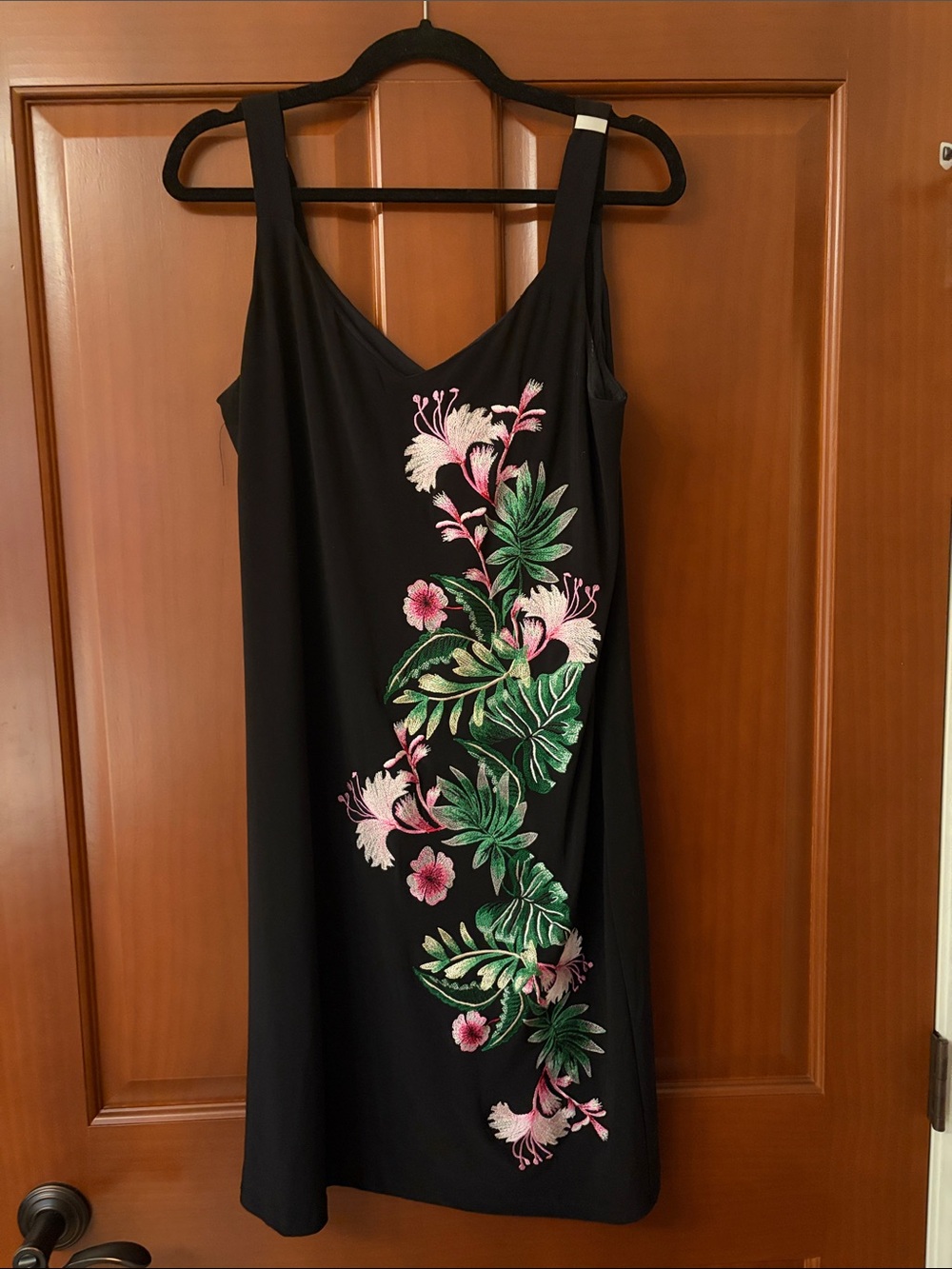White House Black Market Black Midi Dress with Pink & Green Floral Embroidery